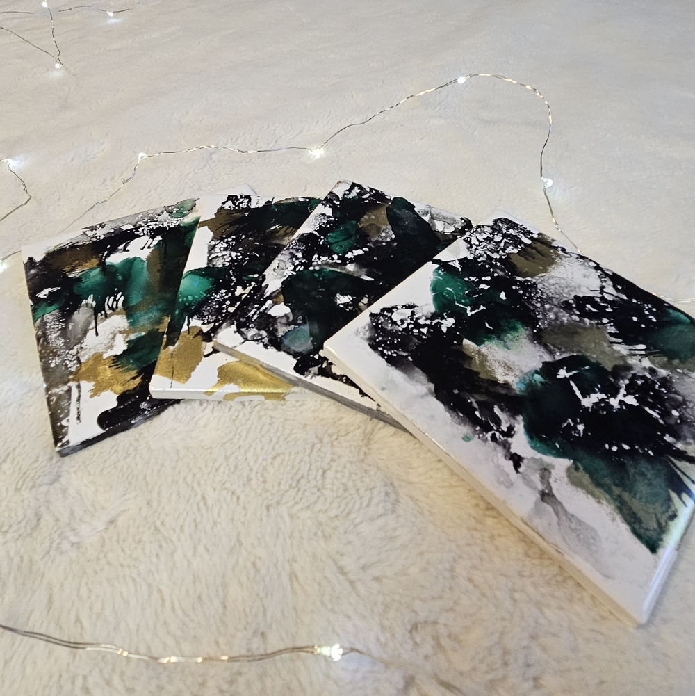 Green, Black & Gold Tile Coaster Set